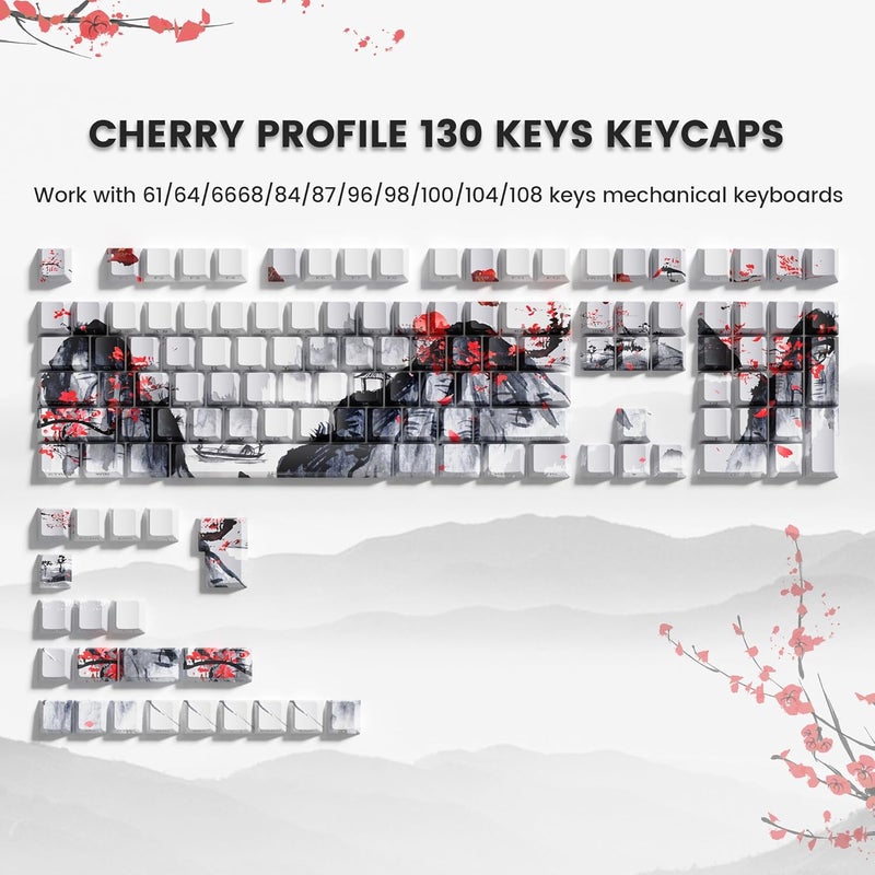 COSTOM Womier PBT Keycaps Set 130 Keys, Custom White Japanese Keyboard Doubleshot Dye Sub Side Print Shine Through Keycaps 60 65 75 100 Percent, Cherry Profile (Plum Blossom) - Image 2